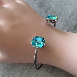 Bleu Sage 925 Sterling Silver Open Cuff Cable Bracelet W Blue Crystals